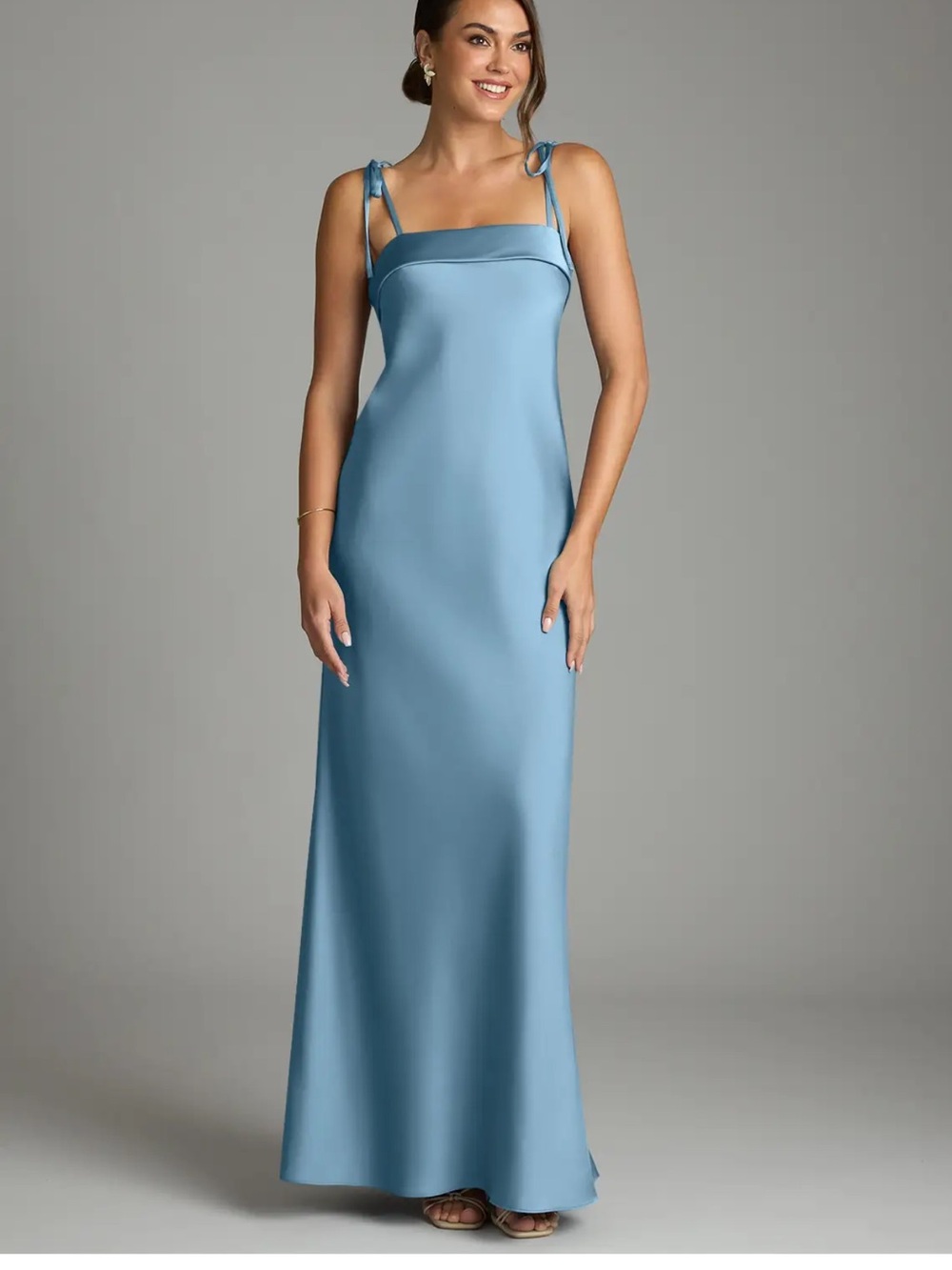 Azazie Ellis Satin Tie-Strap Slip Dress in Steel Blue